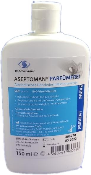 Aseptoman Plus Haendedesinfektion Parfuemfrei 150ml Kittel-Flasche